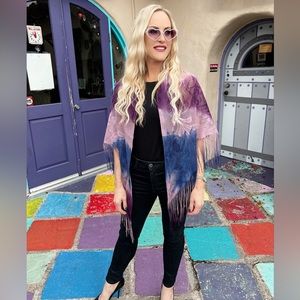 👘 Royal Blue Purple Lavender Sheer Floral Flower Ombré 7" Fringe V Shape Kimono